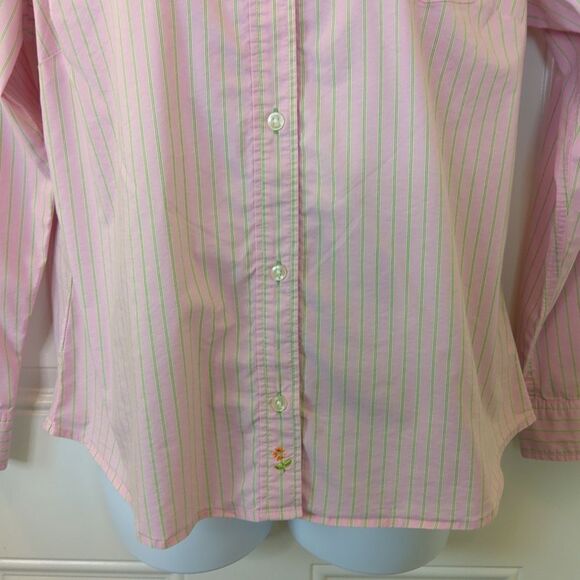 Old Navy perfect fit long sleeve pink and green stripe button front shirt. - Picture 3 of 15